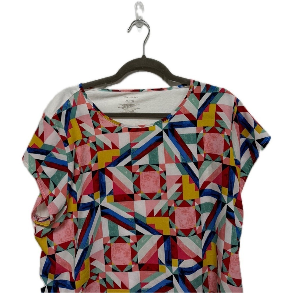 Van Heusen Geometric Short Sleeve Blouse Size XL Artsy Art to Wear Multicolor - Picture 2 of 5